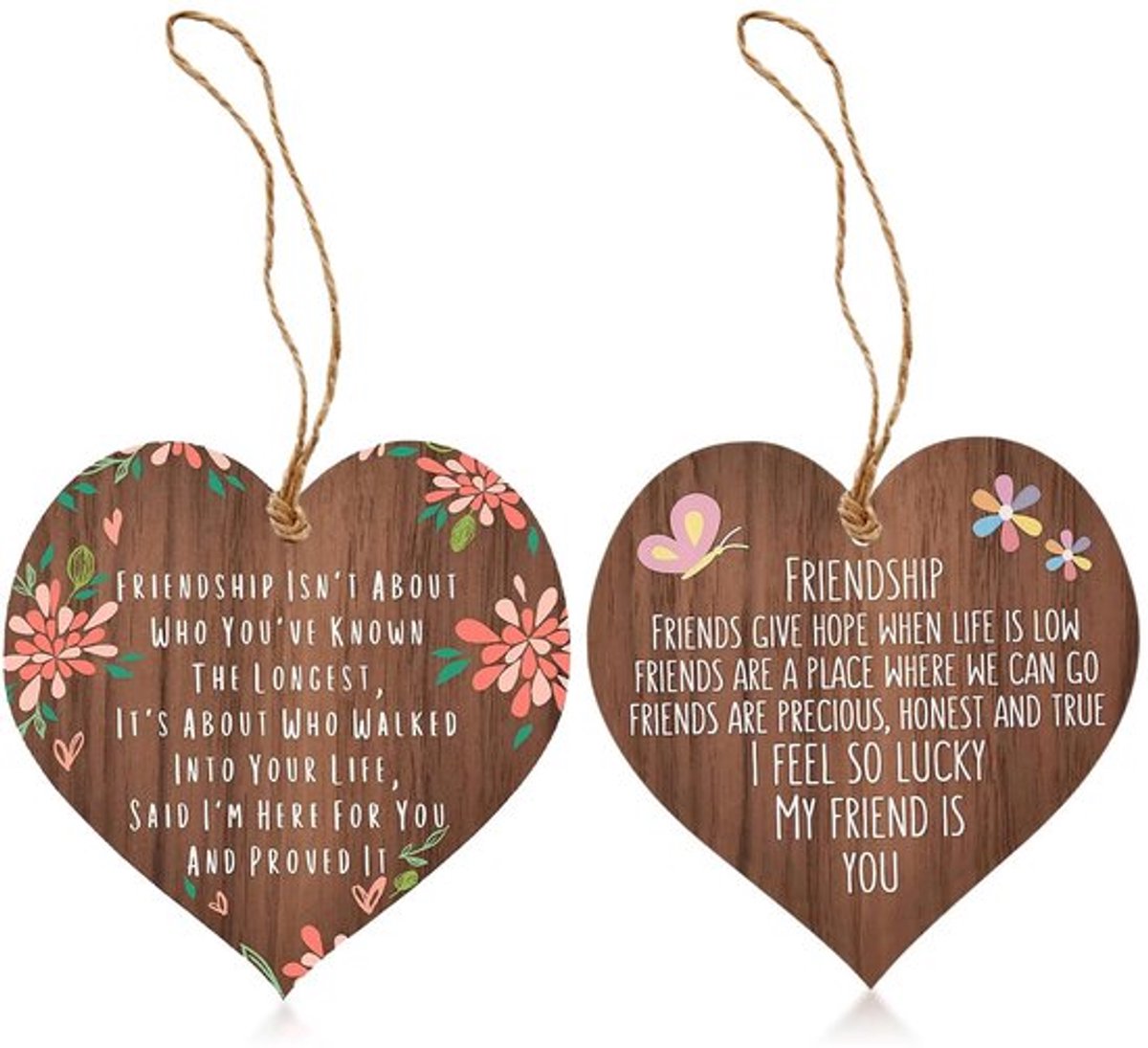 Houtsnippers Set van 2 - Decoratieve Vriendschapshangers - Inspirerende Houtsnippers - Cadeaus voor Vrienden - Houtkleur - 10 x 10 cm - Decoratie