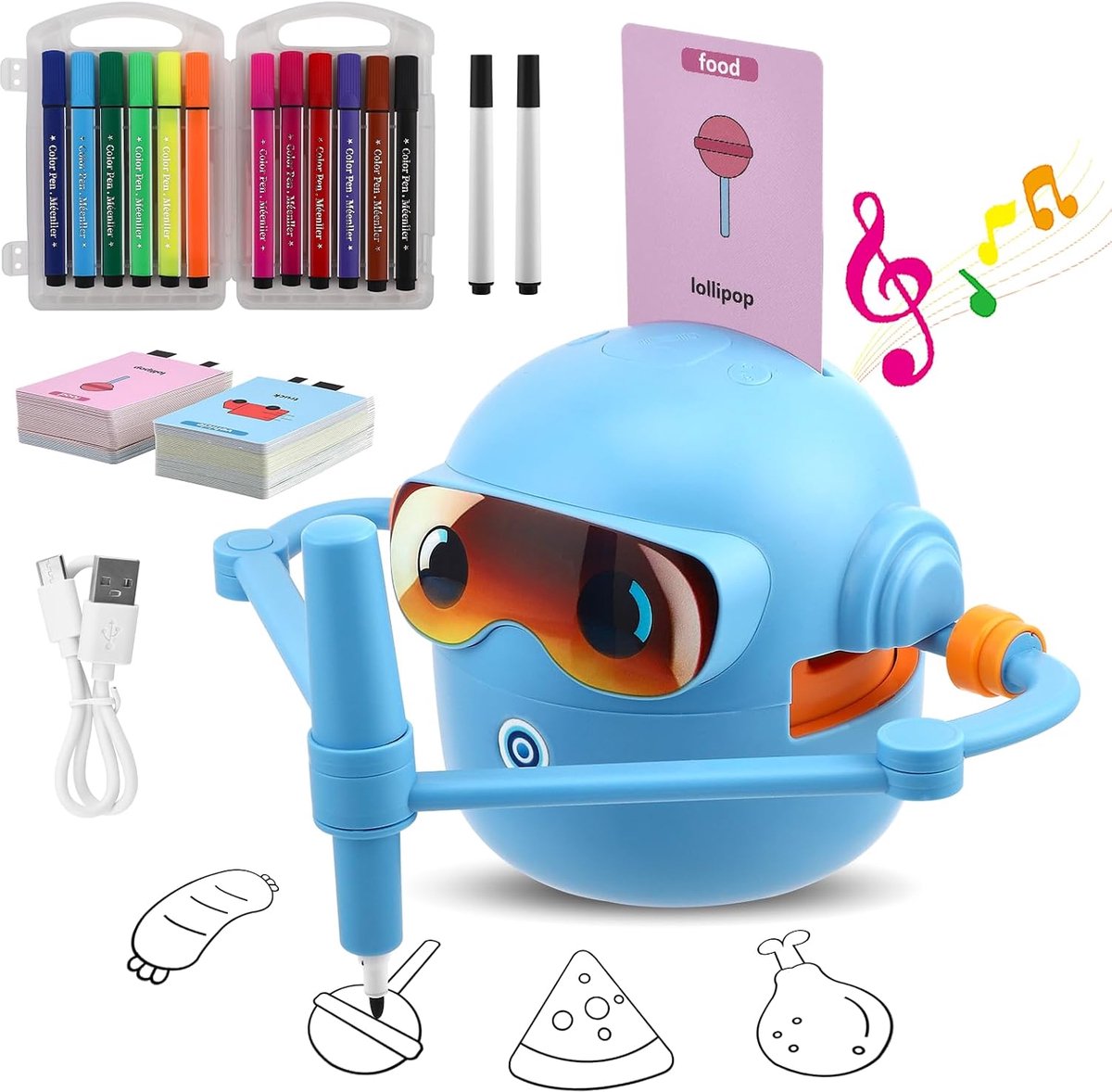 VHV Tekenrobot - Montessori Speelgoed – Leren Tekenen Voor Kinderen - Robot Speelgoed - 100 Tekenkaarten - 3 t/m 9 Jaar - Blauw