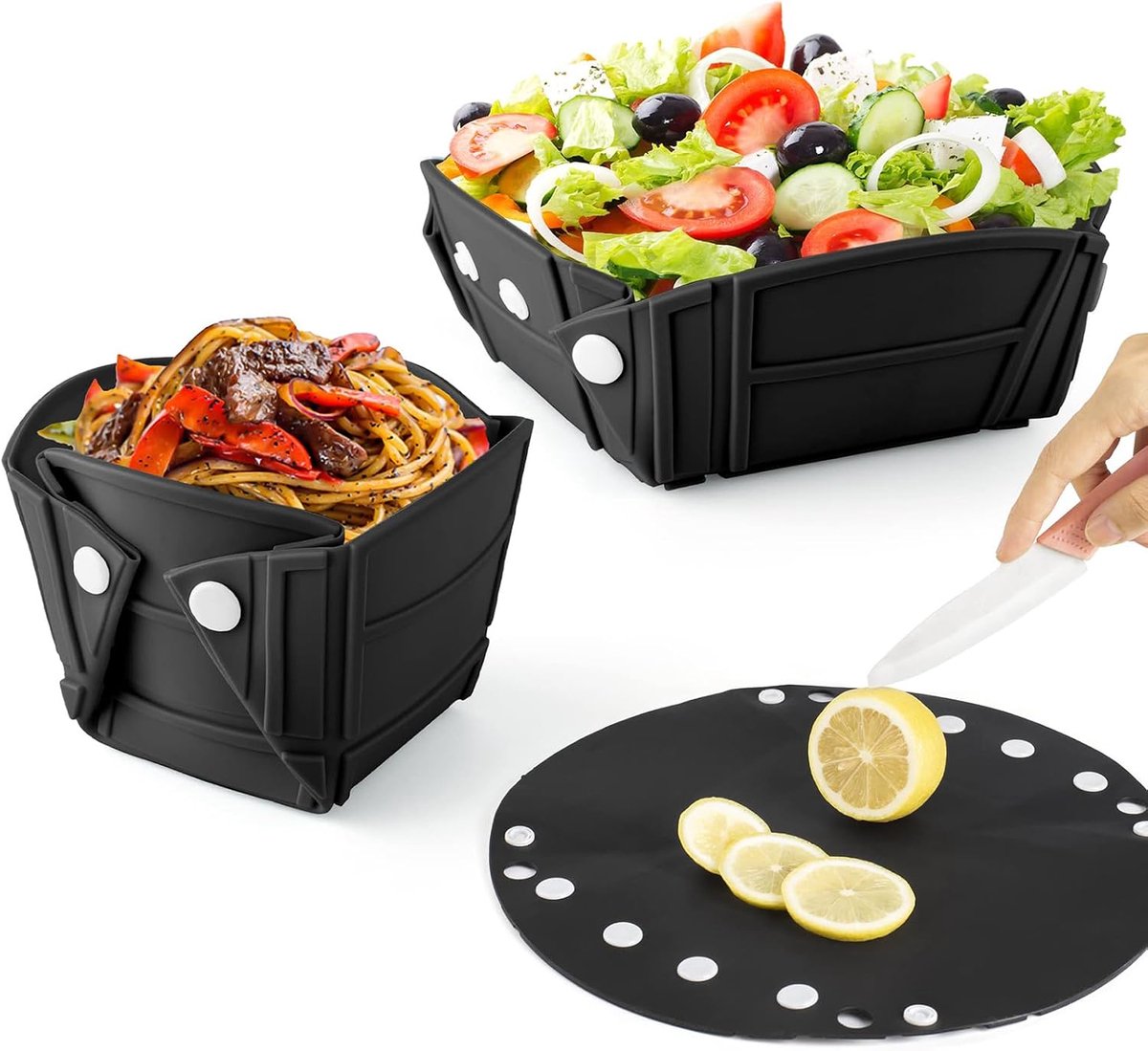 KZQ 3-in-1 opvouwbare kom - Opvouwbare campingkom - Draagbare siliconen kom - Kan gebruikt worden als kom, bord en snijplank - Geschikt voor kamperen, picknicks en reizen met de camper - Zwart