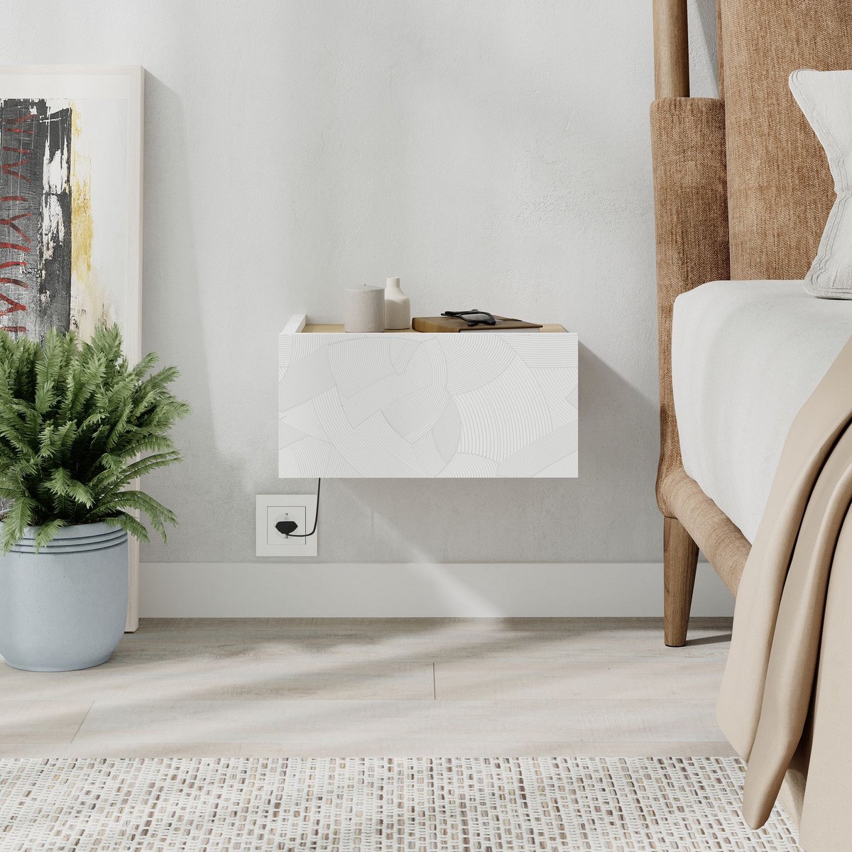 Skye Decor , Nachtkastje, Onda LED - White, Oak, Gemelamineerde spaanplaat, Wit & Eiken, 38,4 x 31 x 18,5 cm Witte Eik