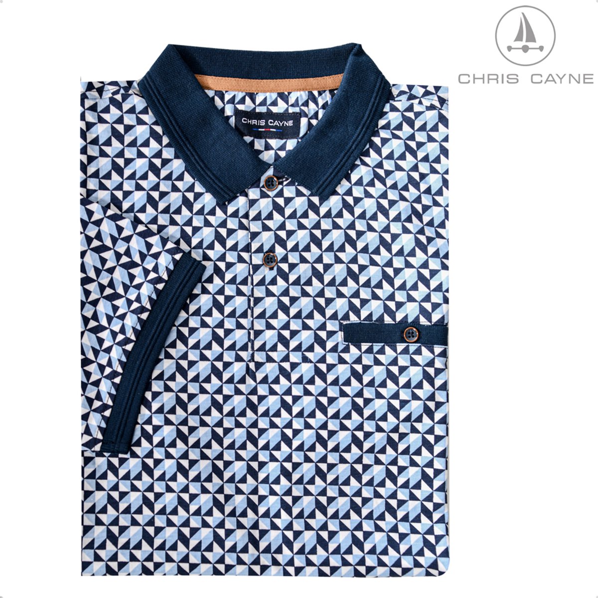 CHRIS CAYNE heren poloshirt - Offwhite/Bleu - M - Heren - Knopen - Paspelzakje - Jersey - Geprint - 100% Katoen