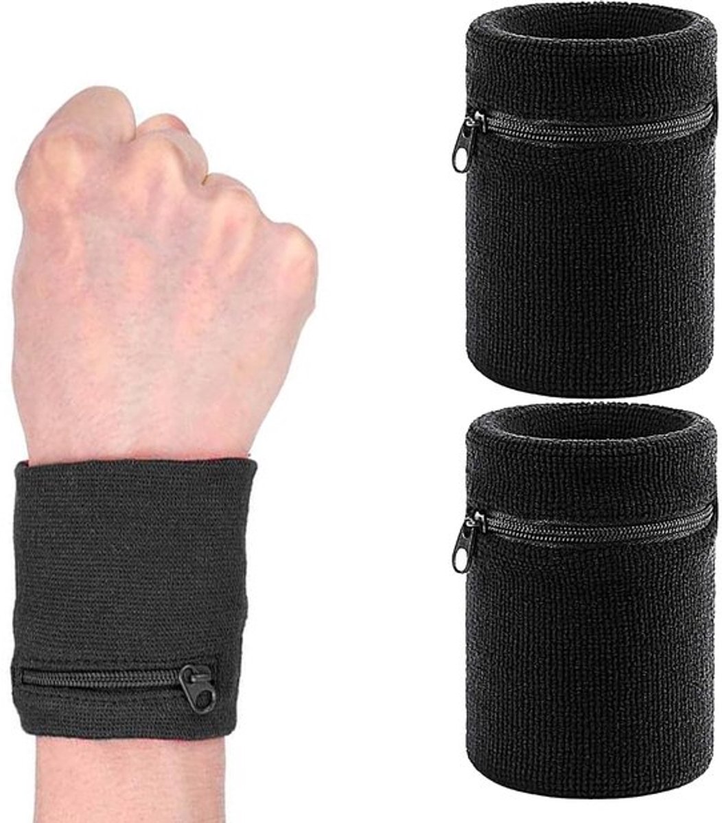 Polsportemonnee 2 stuks - Zweetabsorberende Armbanden - Ritsportemonnee - Ademend Katoen - Geschikt voor Sporten - Handwasbaar - Armband