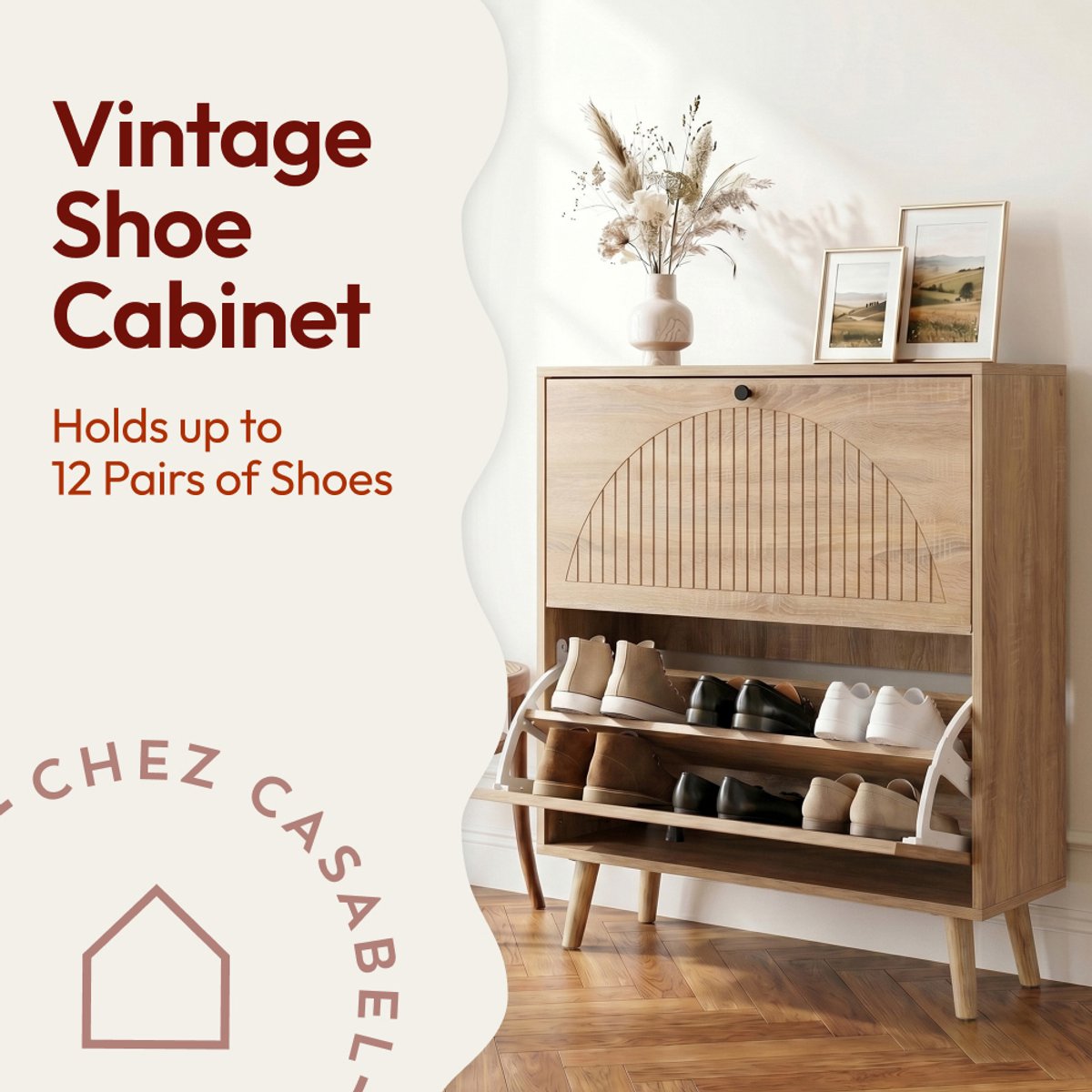 CASABEL Moderne Schoenenkast 2 Kleppen, 16 Paar, Retro Stijl, Houten Opberger, Licht Hout