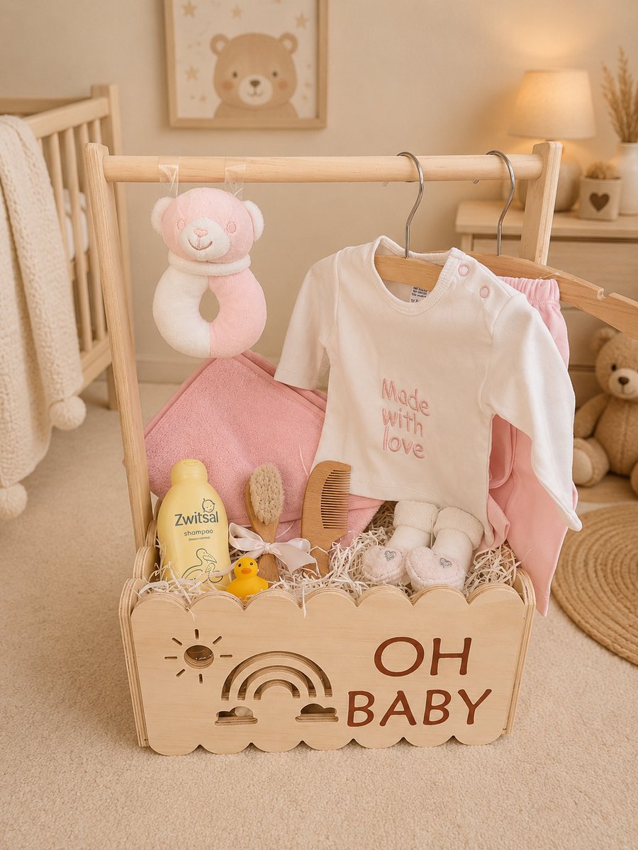 Kraamcadeau roze 12 stuks - Hawsaz.nl cadeau - Luxe Welkomstpakket - Geboortecadeau - babyshower - Babyset - Babykado - Babygeschenk - Babyverzorging Zwitsal - Babykleding - Badcape - Rammelaar - Houten Babykist Deluxe - Gepersonaliseerde