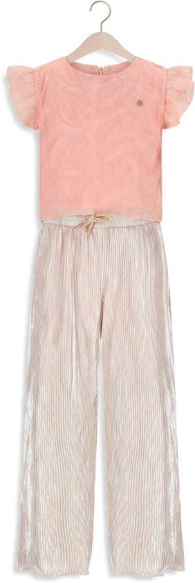 Roze glitter jumpsuit met wijde, geplooide broek met strikkoord en ruches aan de mouwen.