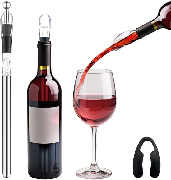 Wijnkoeler staaf, fles wijn, glas rode wijn en kurkentrekker.