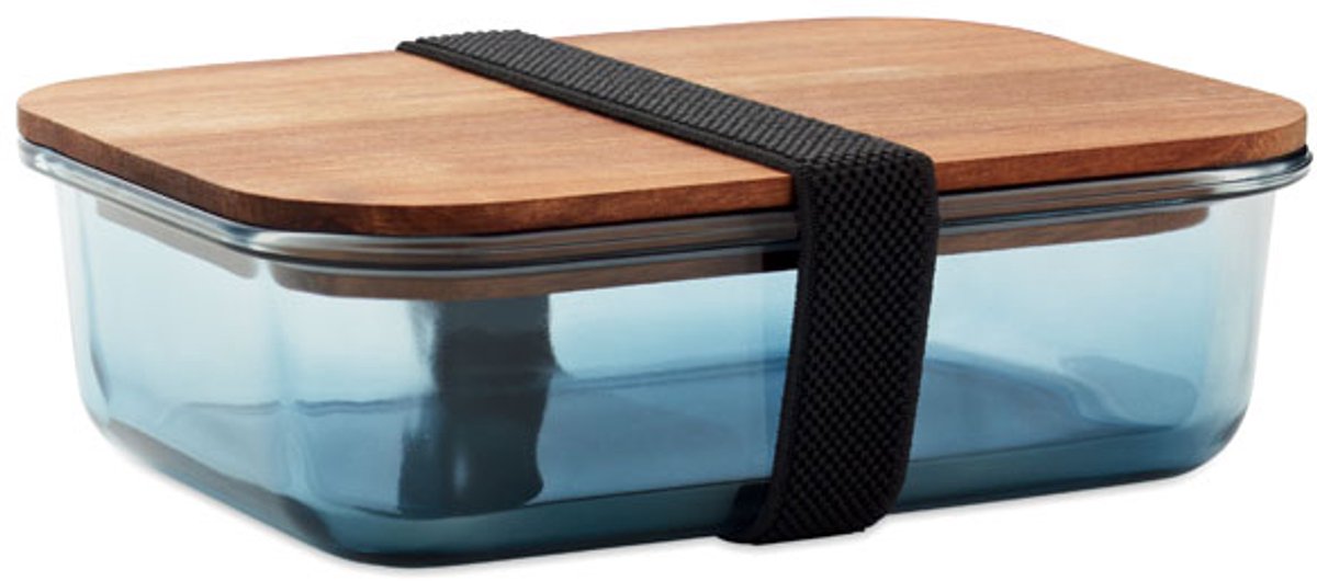 Lunchbox van glas met acaciahouten deksel en RPET elastieksluiting. Inhoud: 800ml FSC®-certified Blauw glas