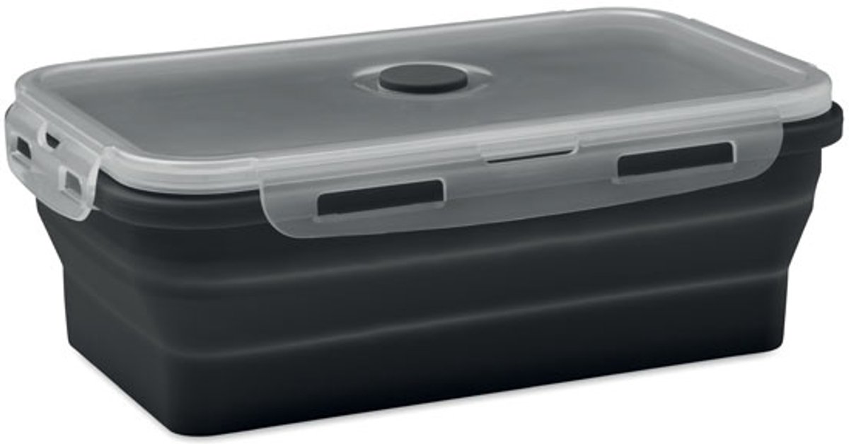 Inklapbare siliconen lunchbox met PP deksel en siliconen ventiel. Inhoud: 1200ml. Zwart
