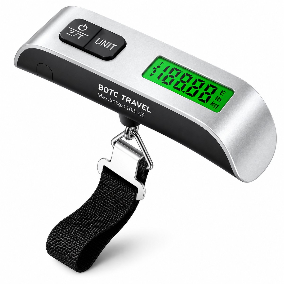 BOTC Digitale kofferweegschaal - Bagageweegschaal tot 50KG met Weeghaak & Thermometer - Sliver