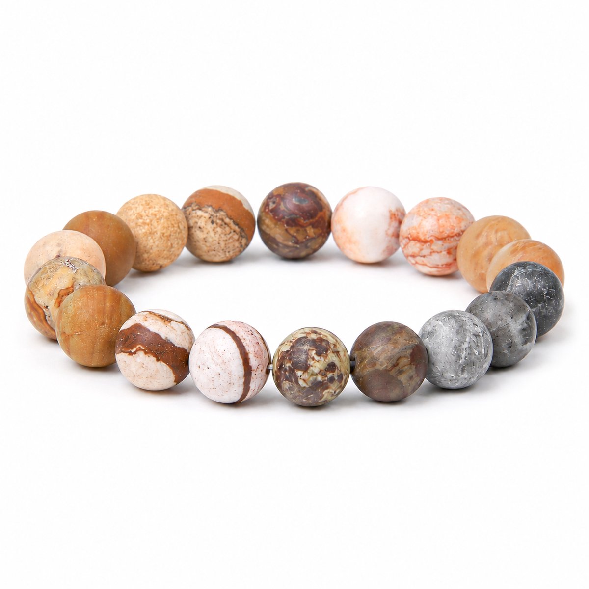 Marama Natuursteen Kralenarmband Sand - Dames – Jaspis – 10 mm Kralen – Elastisch – Bruin, Grijs, Wit