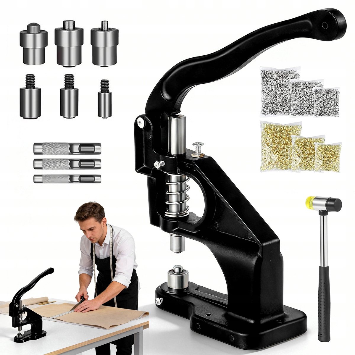Oogjes Zetten Set - Oogjestang - Handmatige Oogjespers voor Zeil - 3 Maten - Inclusief 3000 Oogjes - Gietijzer - Voor Banners & Canvas & Stof - DIY