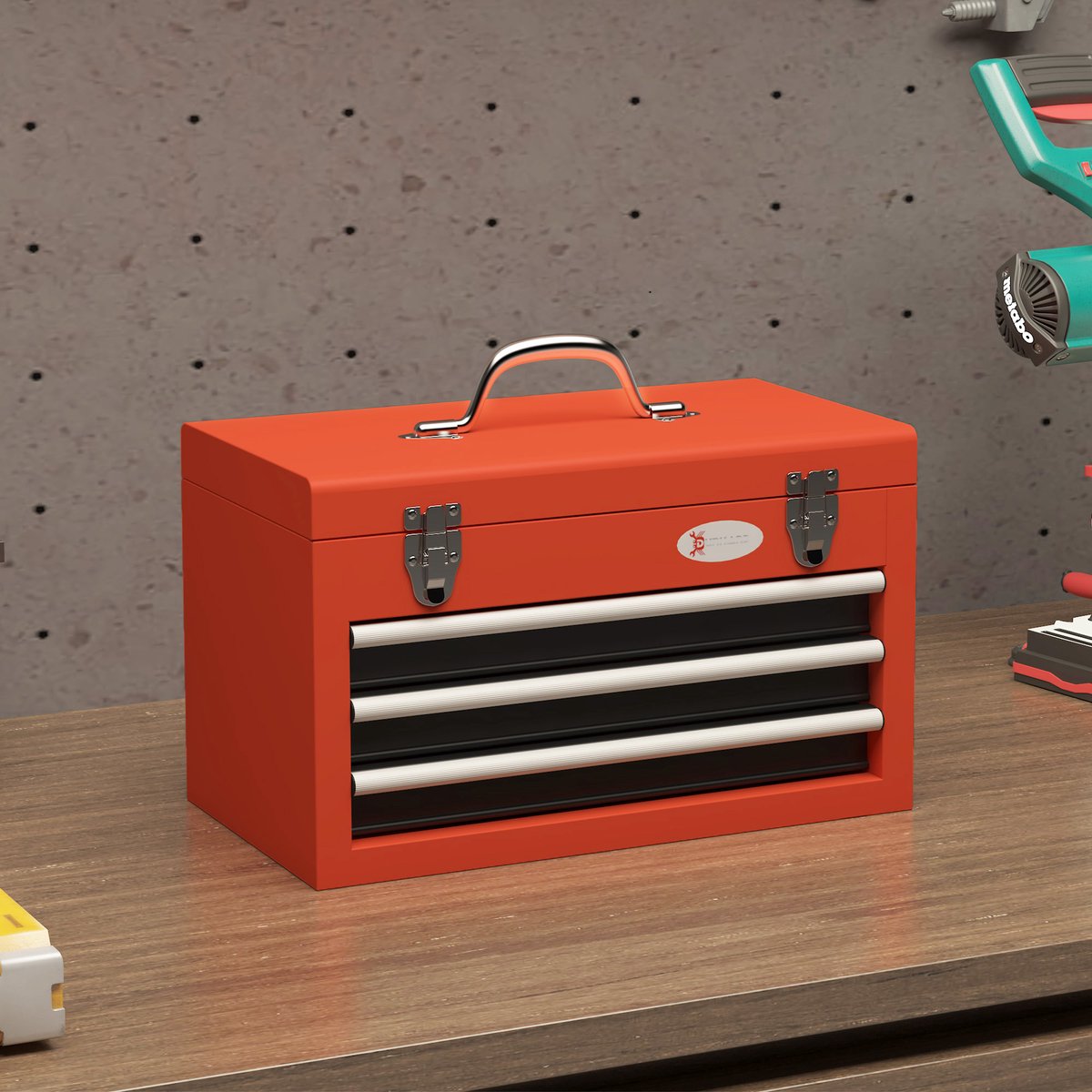 COVREO Gereedschapskoffer 45 x 24 x 27 cm rood staal, 3 lades en handgreep