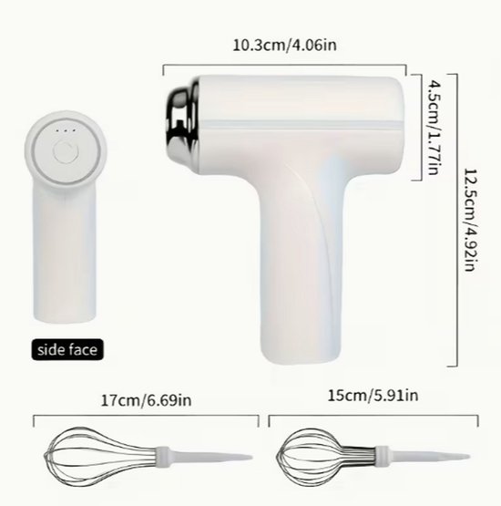 Draadloze Handmixer - USB Oplaadbare Elektrische Mixer - Inclusief 2 Gardes - Lichtgewicht Mini Mixer voor Bakken, Beslag, Taart & Slagroom - Wit — afbeelding 2