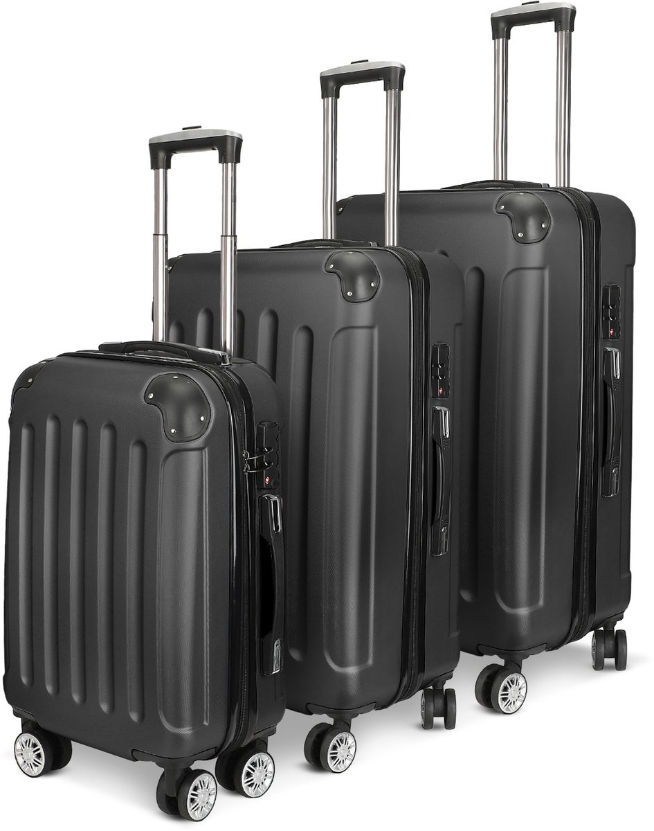 3-delige harde kofferset, reistrolleyset, reiskoffer, veiligheidscombinatieslot, dubbele wielen, ABS-materiaal, handbagage, 4 wielen (M/L/XL-set, Zwart)