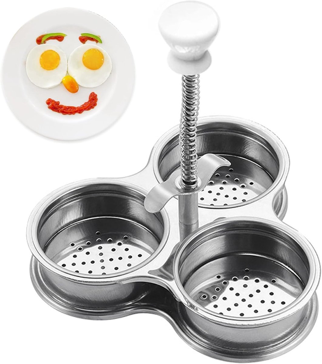 Eierketel Stroper Roestvrij Staal - 3-kops - Gemakkelijk te Gebruiken voor Gepocheerde Eieren - Keuken Gadget voor Brunch Ontbijt - zilver