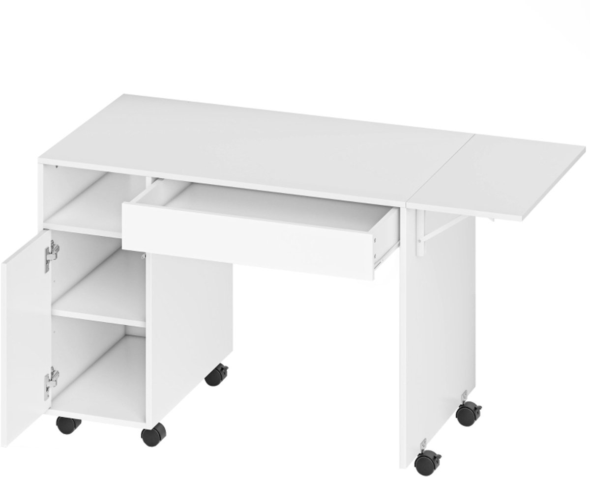 Mobiel computerbureau 100-130×58×73,2 cm wit spaanplaat schrijftafel bureau studietafel thuiswerkplek inklapbaar ontwerp met opbergkast en lade geschikt voor kantoor slaapkamer en studeerkamer
