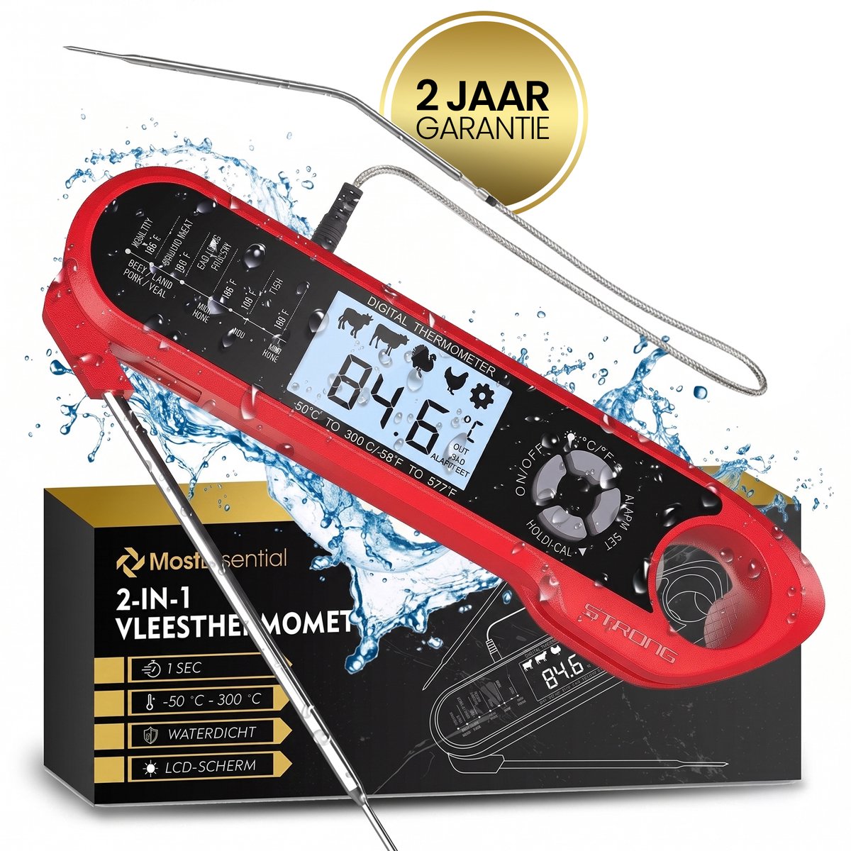 Bol.com MostEssential 2-in-1 Vleesthermometer - PRO Edition - BBQ Thermometer - Kernthermometer - Oventhermometer - Keukenthermo... aanbieding