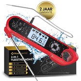 Digitale vleesthermometer in rood met een digitaal display, vleesvoorkeuzes en een metalen probe. De thermometer is waterdicht en heeft '2 JAAR GARANTIE' op de verpakking.