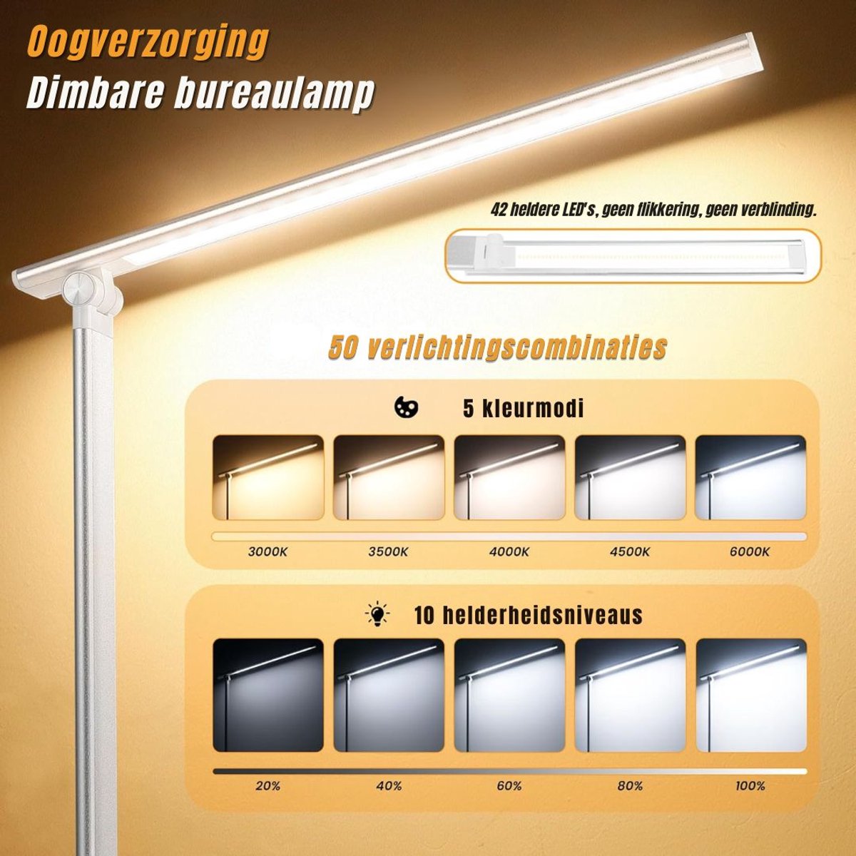 KIRA® Bureaulamp LED - Bureaulamp Met Klem - Burolamp - Bureaulamp Kind - Bureaulamp LED Dimbaar - Wit - 34cm x 13cm x 18cm