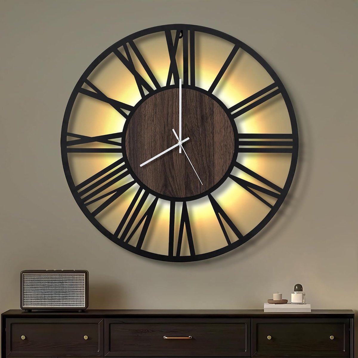 Maxstar Grote Wandklok 50CM voor Woonkamer op Batterijen, Stil Geen Tikkend Geluid, Hout Metaal Stijl, Moderne LED Slaapkamer/Kantoor (Romeinse Cijfers, Zwart-20")