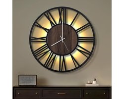 Maxstar Grote Wandklok 50CM voor Woonkamer op Batterijen, Stil Geen Tikkend Geluid, Hout Metaal Stijl, Moderne LED Slaapkamer/Kantoor (Romeinse Cijfers, Zwart-20")