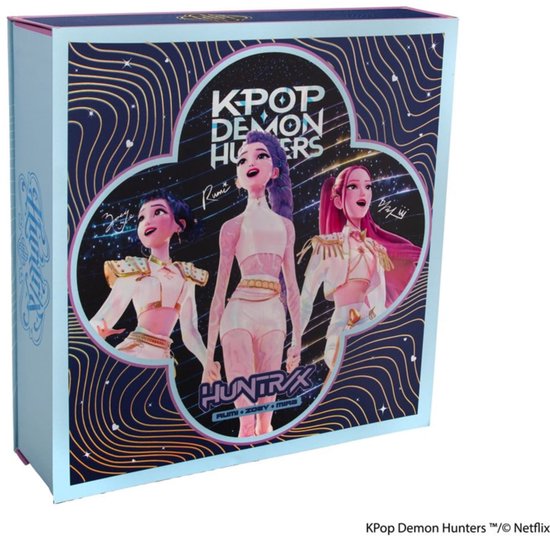 Blauwe doos met een afbeelding van drie K-pop meiden, 'KPOP DEMON HUNTERS' en 'HUNTRX' logo's.