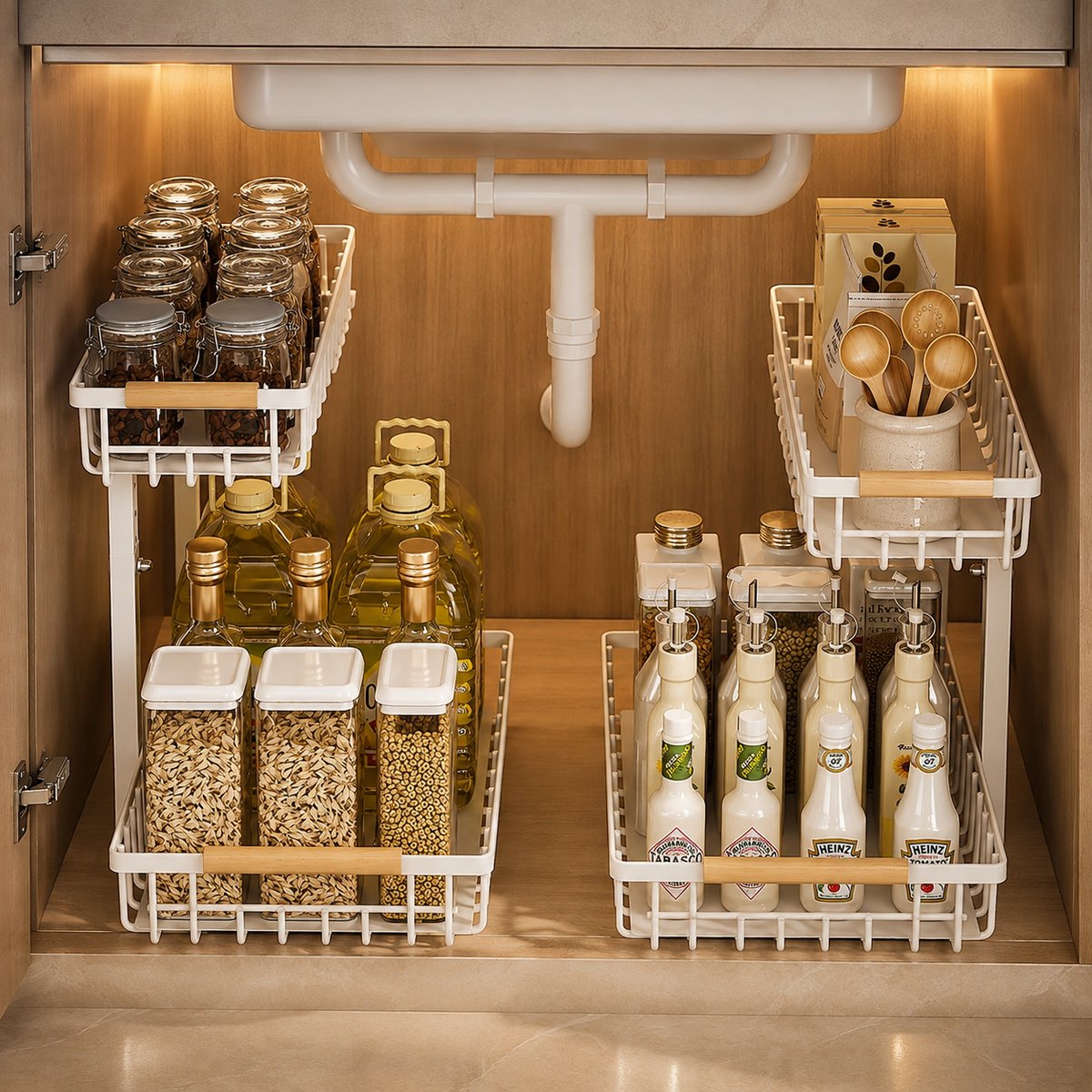 Onder de Gootsteen Opbergruimte 2 Stuks Keukenorganizer met 2 Wielen, Uittrekbare Organizer, Verstelbare Hoogte, Metalen Kastorganizer voor Badkamer en Keuken (Wit, 2 Stuks)