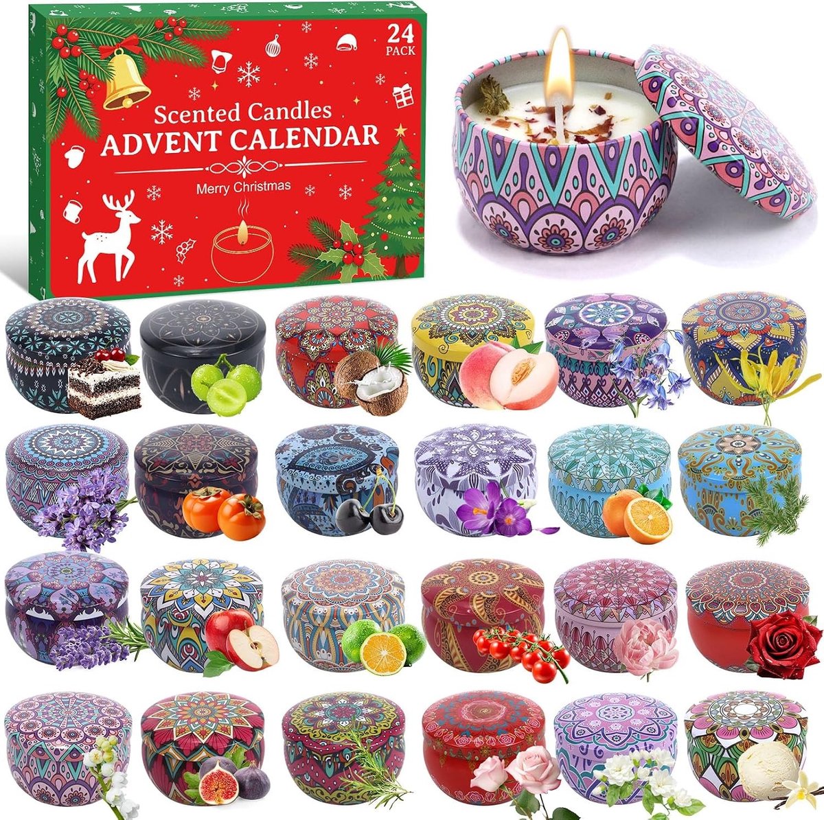 Adventskalender 2026 - Multicolor - 24 geurkaarsen - Geurkaarsen van Sojawas - Voor Volwassenen