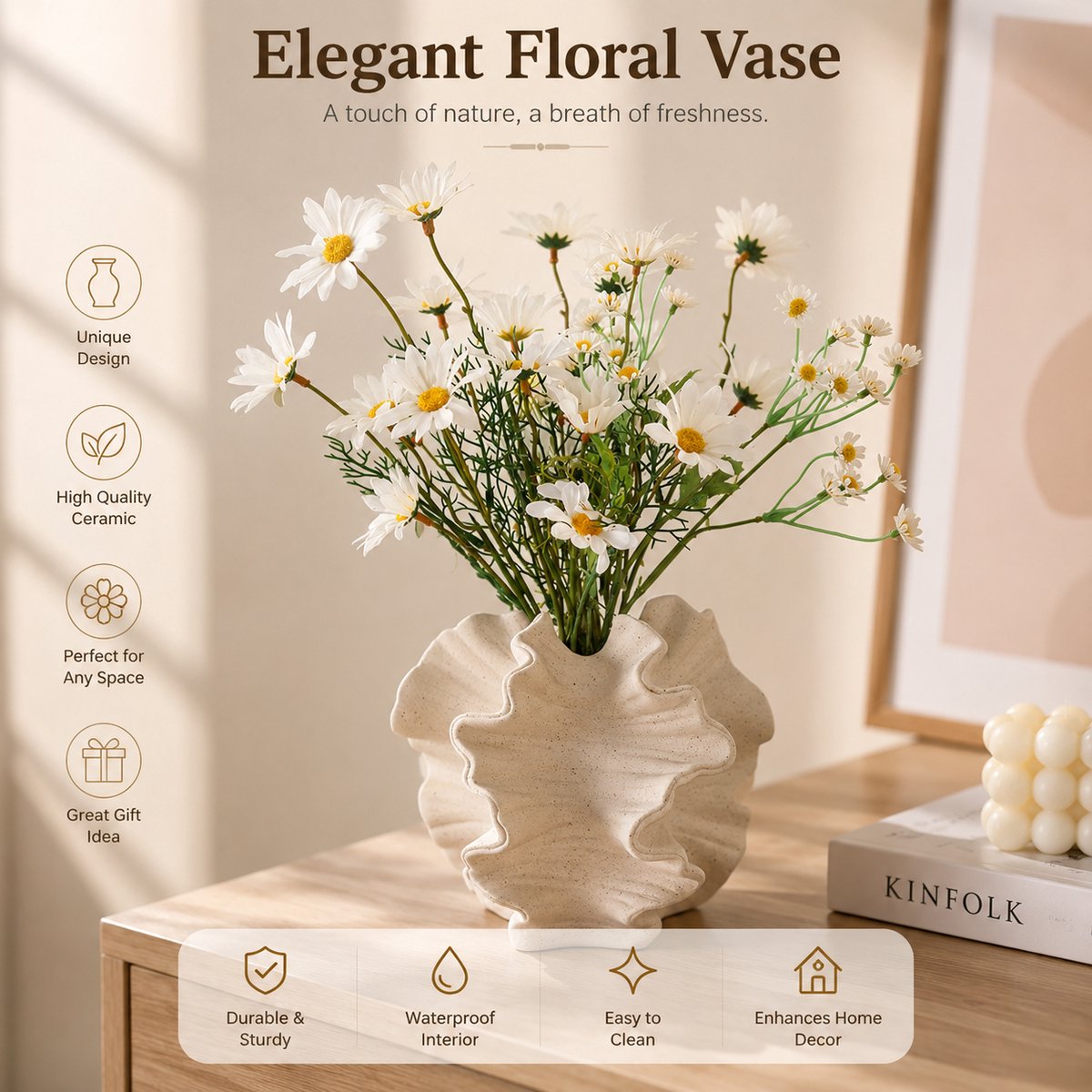 Keramische Vaas Zwart - Moderne Scandinavische Boho Bloemenvaas voor Thuis, Woonkamer, Kantoor - Grote Witte Vaas met Stijlvol Design