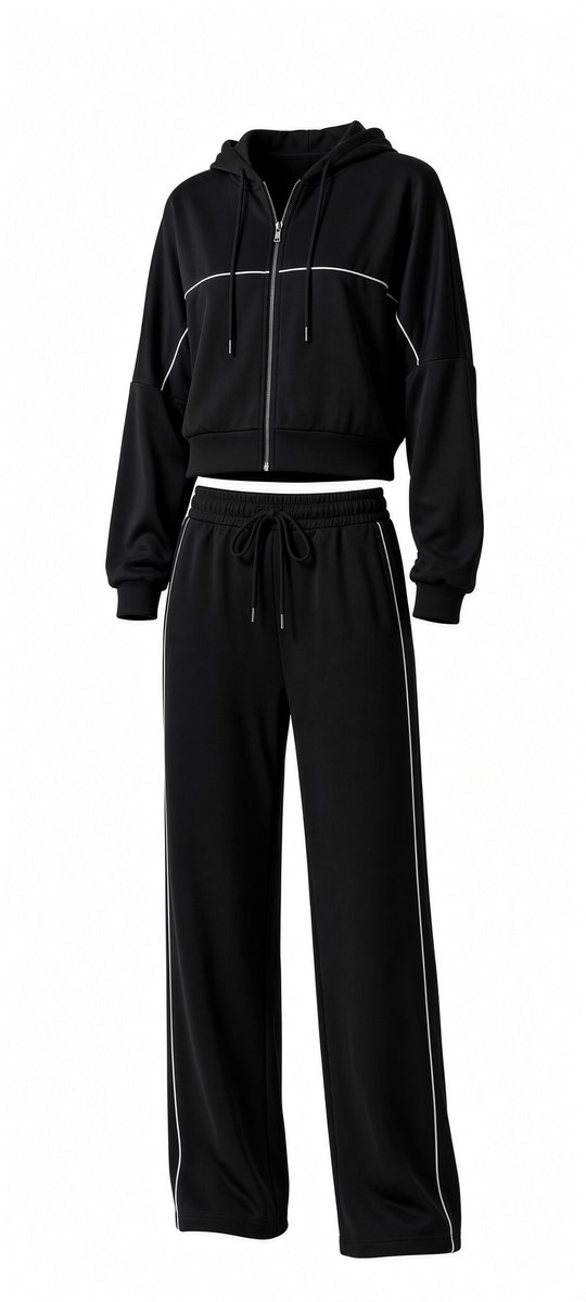 Wide leg huispak dames - Cropped hoodie - Zwart - Maat 38/40