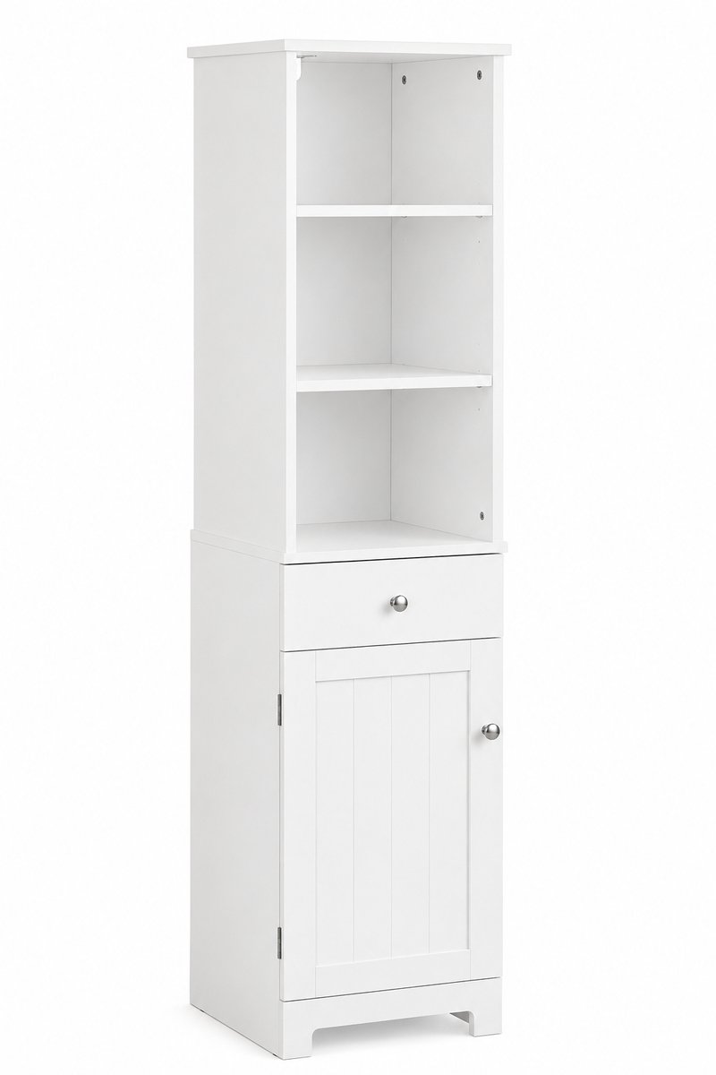 Nyoz badkamerkast - Badkamermeubel - Opbergkast - Hoge kast - 3 open opbergvakken - Wit - 2 verstelbare planken - 40 x 35 x 161 cm