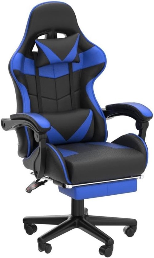 Gamingstoel met Massagefunctie en Voetensteun - Ergonomische Gamestoel met Hoofdsteun en Lendenkussen - Gevoerde Armleuningen - Blauw — afbeelding 2
