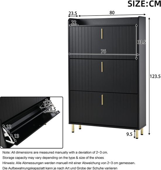 COVREO Schoenenkast 80 x 23,5 x 123,5 cm zwart MDF, 3 klappen, voor hal — afbeelding 4