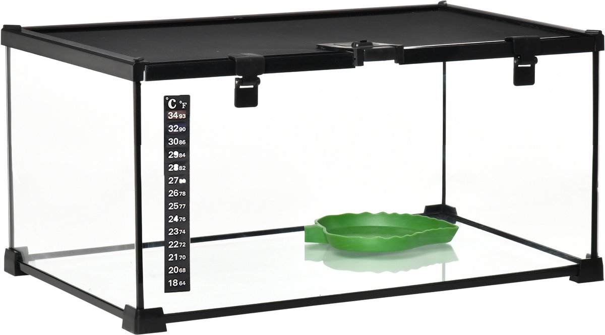 Terrarium voor Reptielen - transparant terrarium met glazen schuifdeksel en metalen gaas - inclusief waterdispenser en thermometer - constructie van glas en metaal - 50 x 30 x 25 cm - zwart