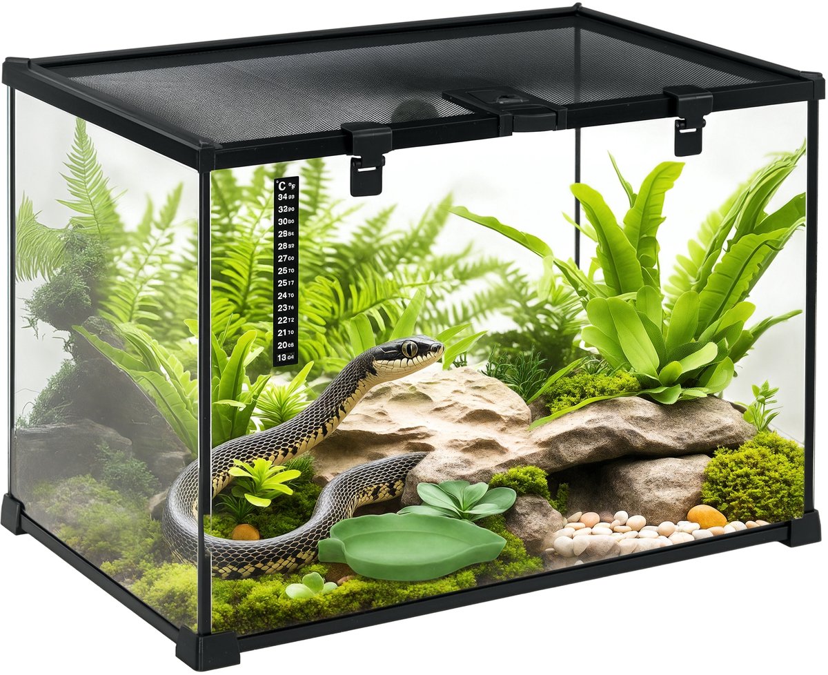 Glazen Terrarium voor Reptielen met Schuifdeksel Metaalgaas - met thermostaat - zwart