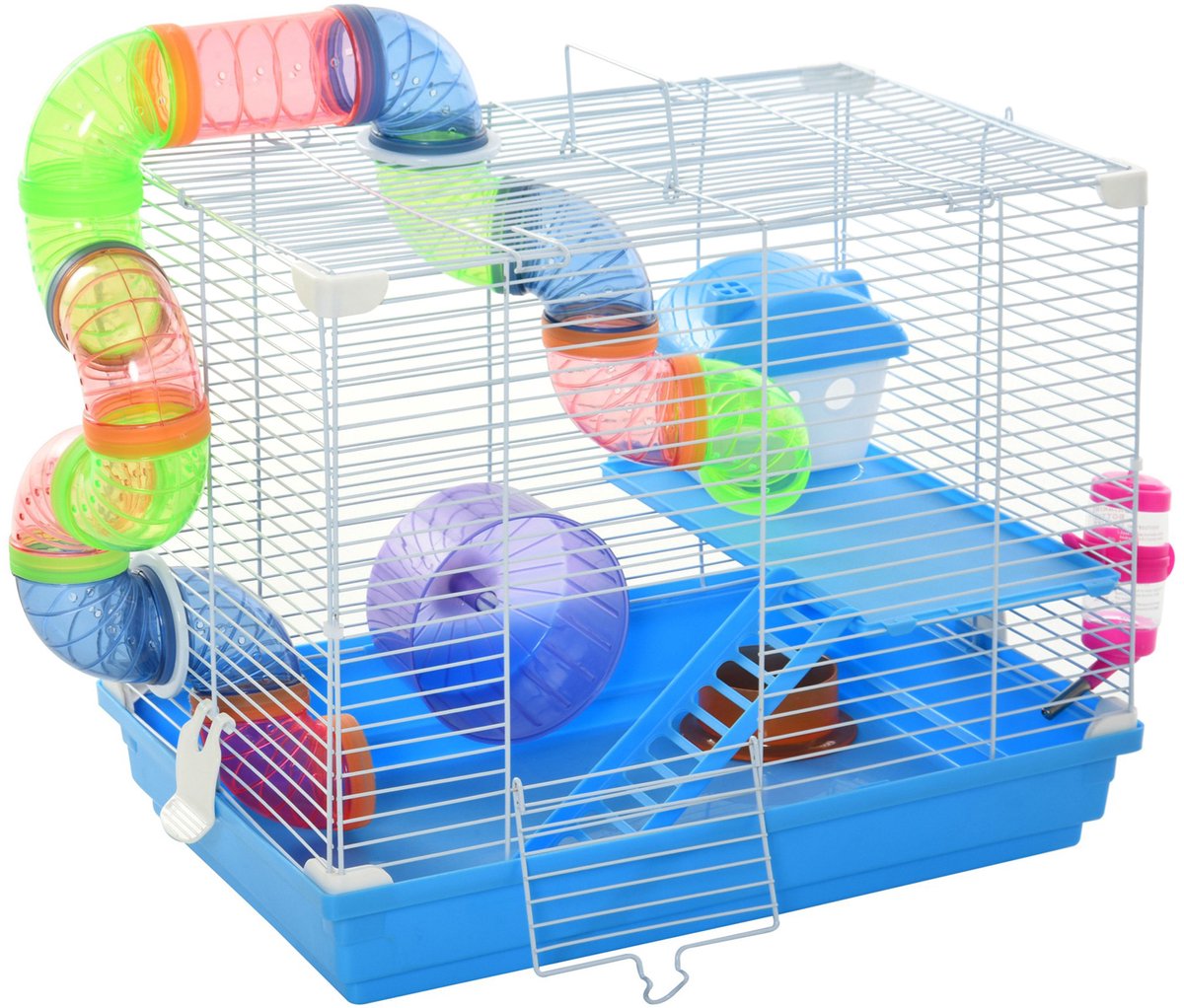 Tweelaagse hamsterkooi met tunnel -inclusief drinkfles-looprad-nestkastje en ladder - blauw