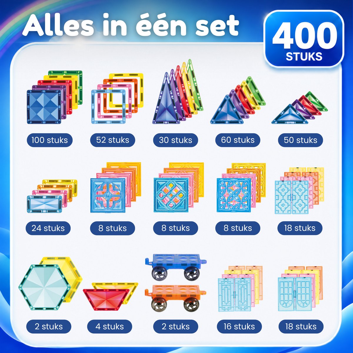Five Stars® Magnetic Tiles 400 Stuks – Inclusief Bouwopdrachten – Magnetische Tegels Speelgoed – Magnetisch Bouwspeelgoed – Montessori Educatief – Constructie Bouwstenen – Magna Tiles - Cadeau voor Jongens & Meisjes — afbeelding 10