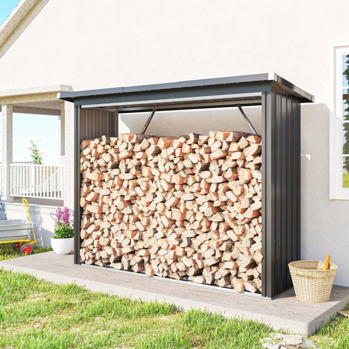 COVREO Houtopslagrek 213x66,5x150 cm donkergrijs staal, voor buiten