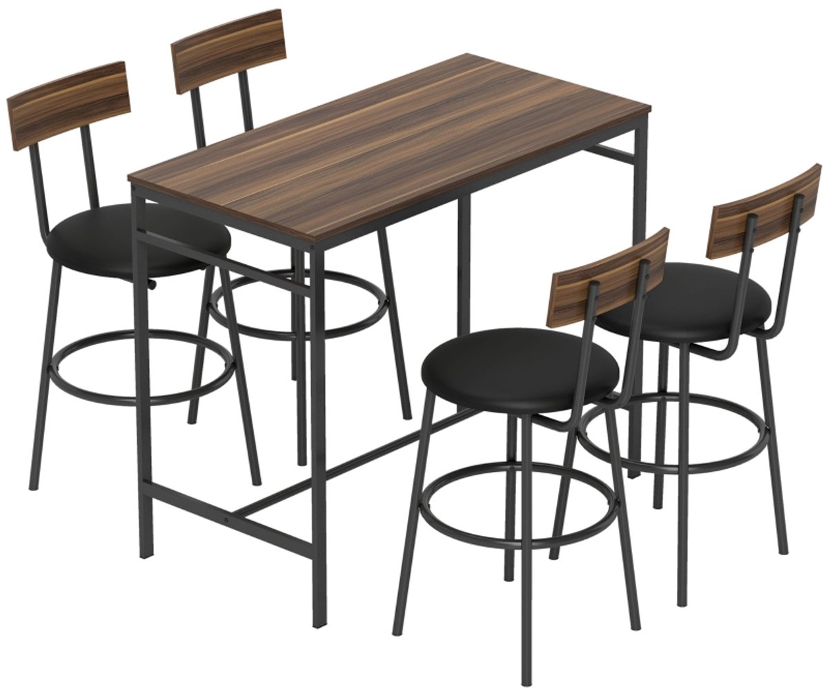 Bruine Bartafelset 110 x 55 x 90 cm, 5-delige Set met 4 Barkrukken, Keuken- en Eetset, Industriële Tafel met Stalen Frame, Ruimtebesparend Design, Krukken Schuiven Onder Tafel, Kunstleren Zitting en Gewatteerde Rugleuning