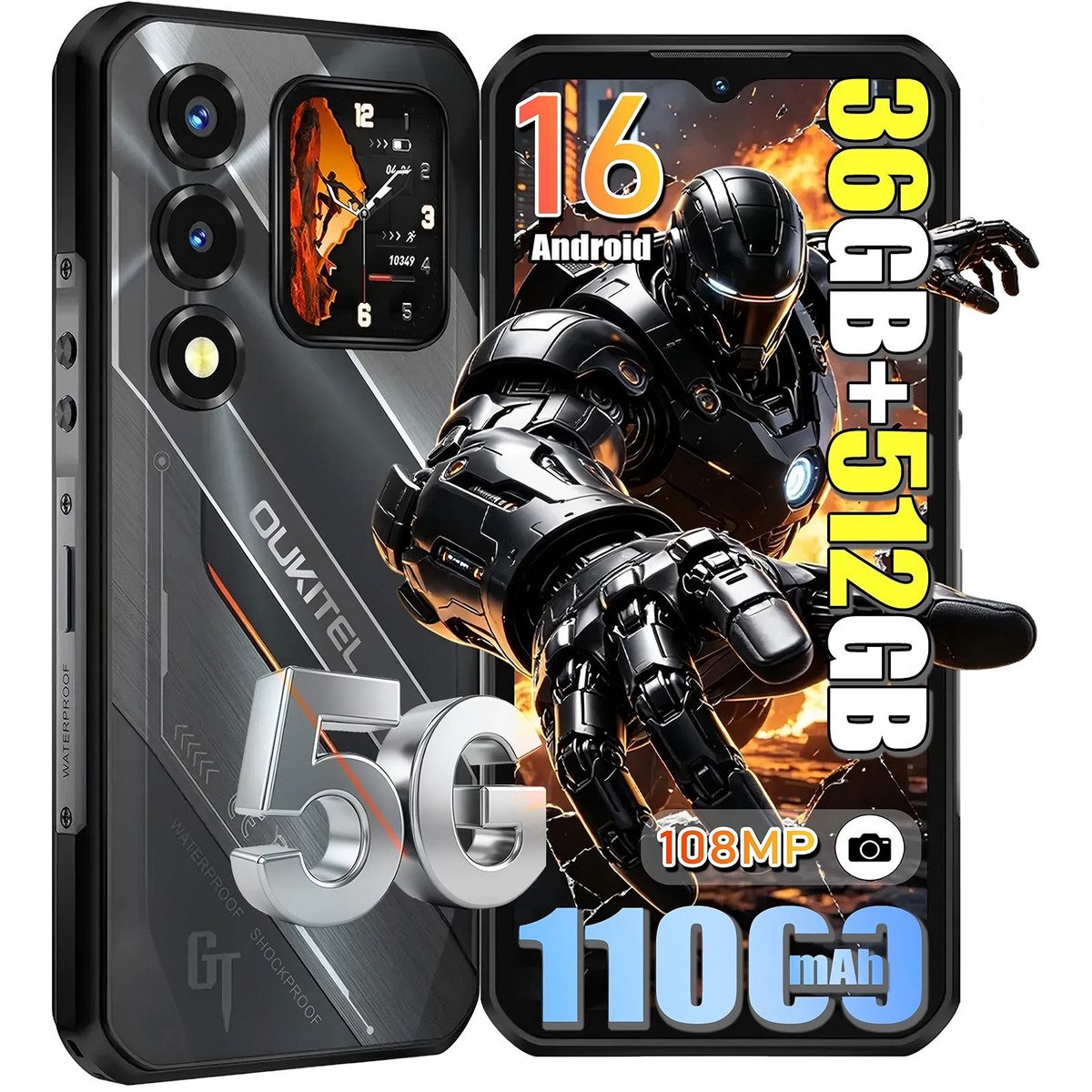 OUKITEL WP66 5G Outdoor Smartphone-11000mAh-108MP camera-36GB RAM-512GB ROM-IP68 Waterdicht, Android 16, NFC