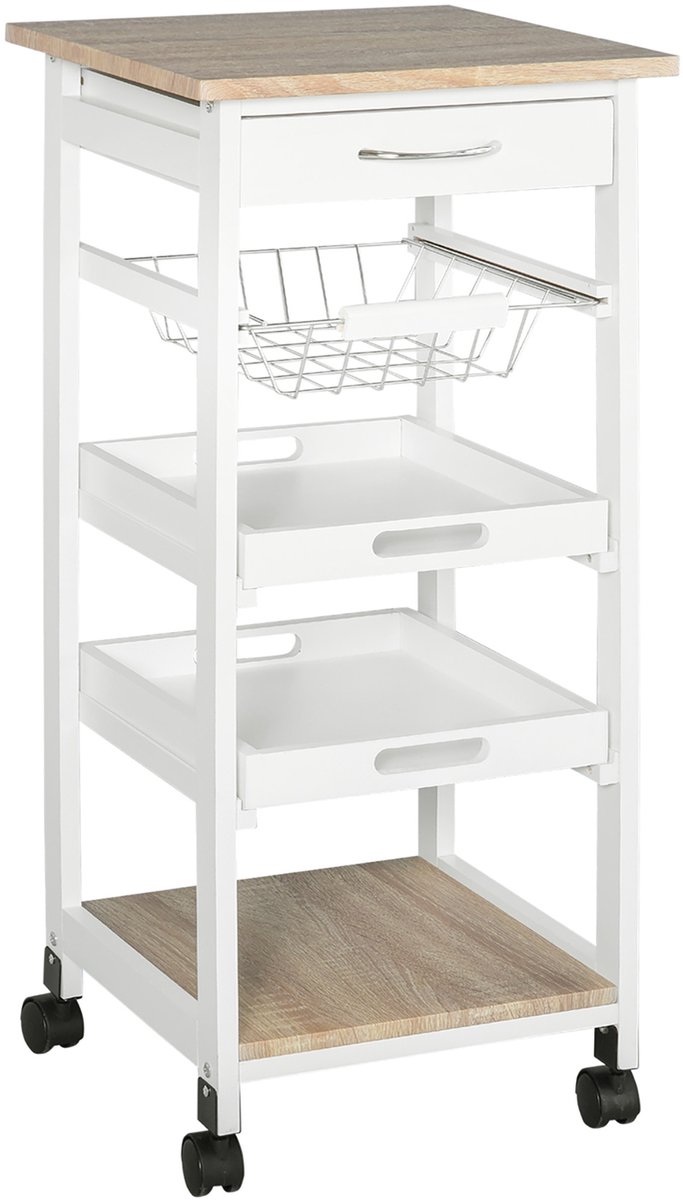 Serveerwagen keukentrolley met wielen, wit, licht eiken | Mand, 2 afneembare planken, lade, plank MDF grenenhout