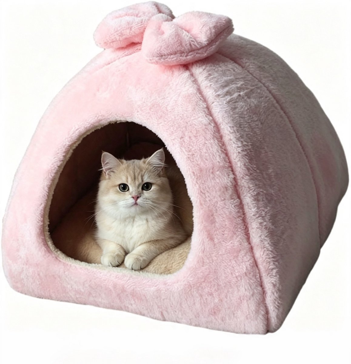 Kattenmand - Zachte Kattenhol - Kattenhuis - Dierenmand - Kattenbed - Kattenmand met Strik – Zachte Kattenhol van Pluche, Opvouwbaar Kattenhuis met Wasbaar Kussen, Knusse Slaapplek voor Katten en Kleine Honden – Roze - 35 × 35 cm