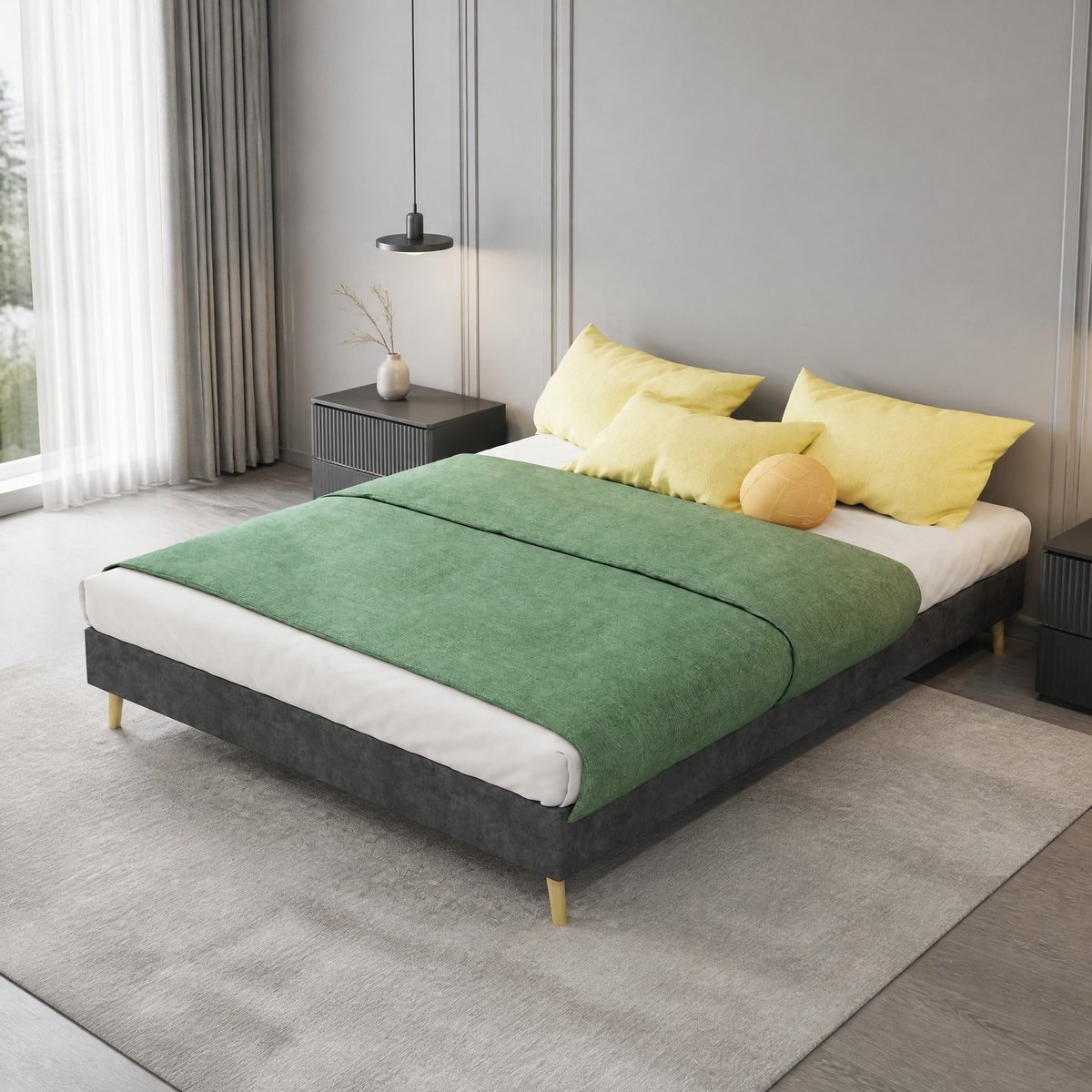 COVREO Bedframe met geometrische details – 140x200 cm – Boxspring voor slaapkamer en rust – Stoffering met metalen frame – Grijs - zonder matras