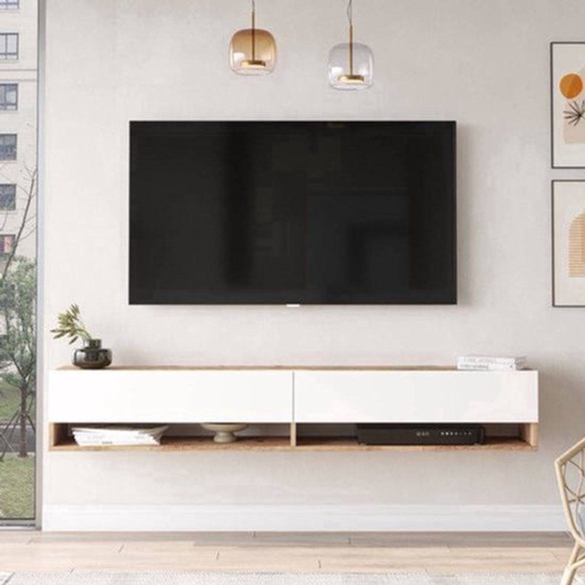 Tv-meubel – Tv-kast – Lowboard – Wandmeubel – Zwevend Tv-meubel – MDF Met Eikenprint – 140x31,5x29,5 cm – 2 Open Vakjes