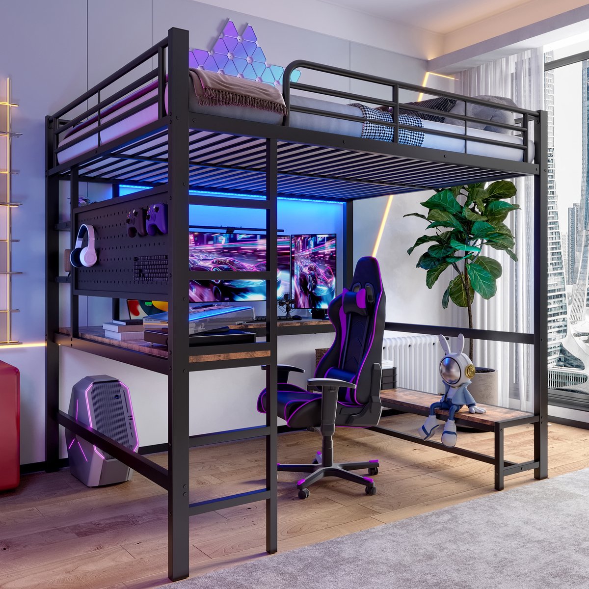 COVREO Hoogslaper 140x200 cm zwart metaal, bureau, LED en opbergruimte
