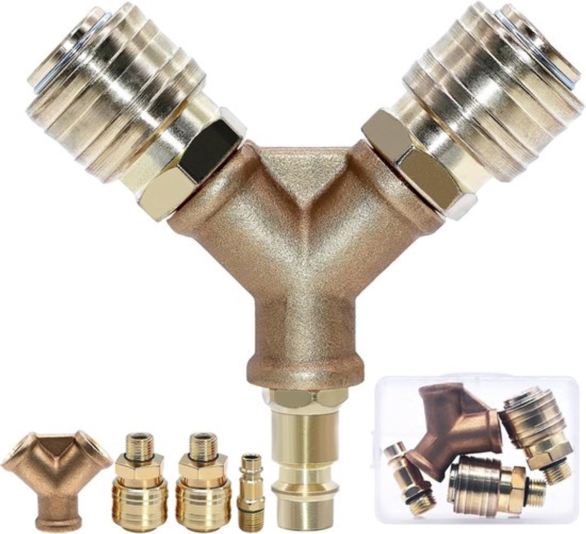 Gecomprimeerde lucht verdeler - 2-gang messing - Y-distributor met 2 koppelingen 1/4 inch AG - gecomprimeerde lucht soft NW 7.2 - gecomprimeerde lucht koppeling voor gecomprimeerde lucht aansluiting - luchtleiding