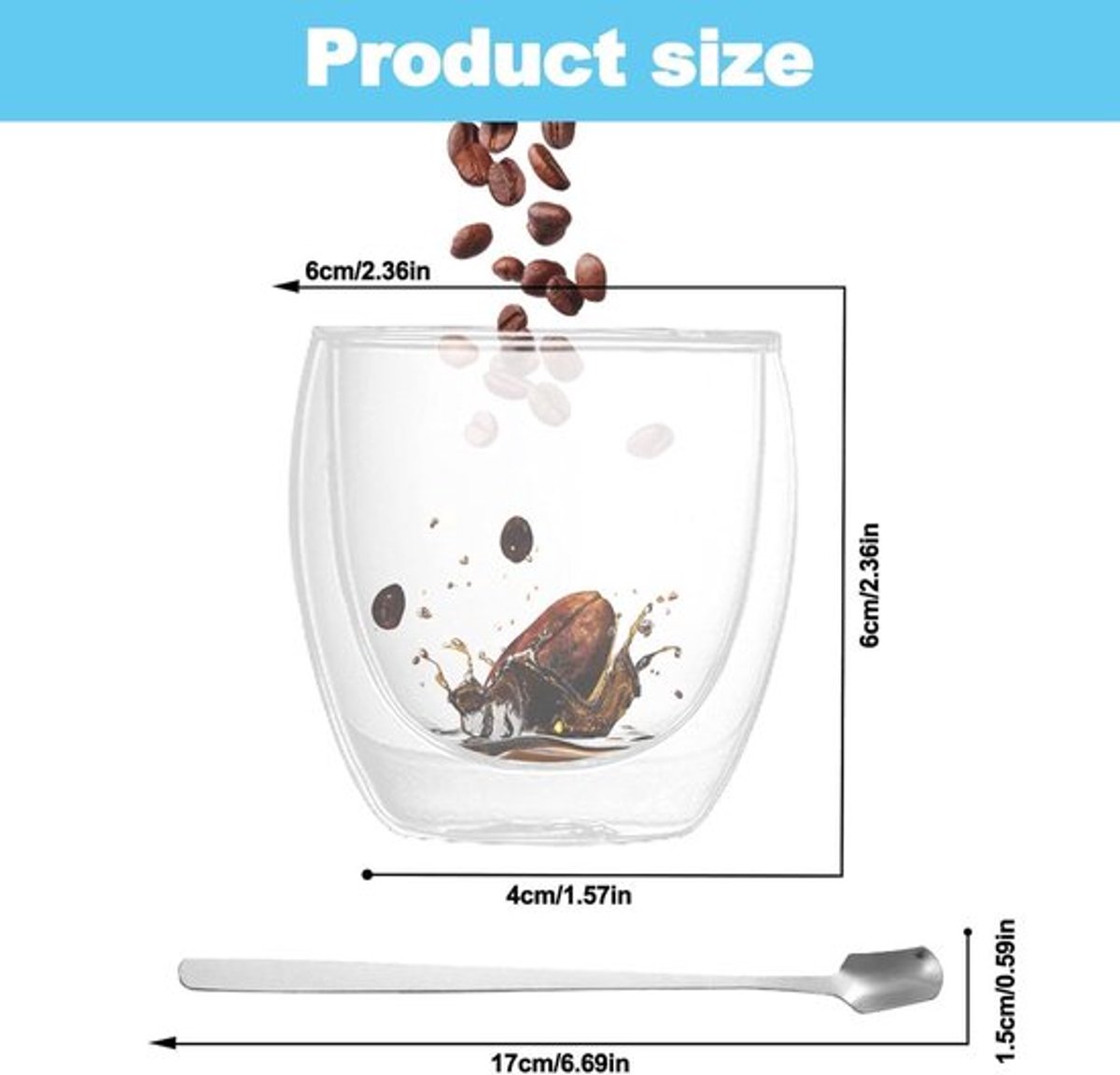Set van 6 Latte Macchiato Glazen - Dubbelwandige Espresso Kopjes - 80 ml - Dubbelwandige Glazen met 6 Lepels - Cappuccino Kopjes - Koffie Kopjes - Iced Coffee - Thermische Glazen