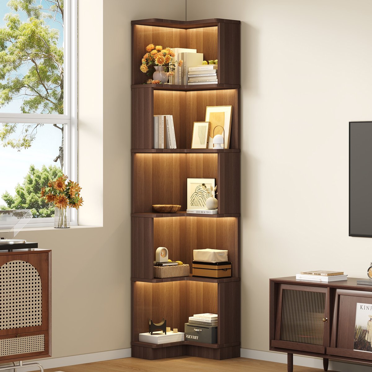 COVREO Boekenkast 63,5 x 45 x 175 cm bruin MDF, met LED-verlichting