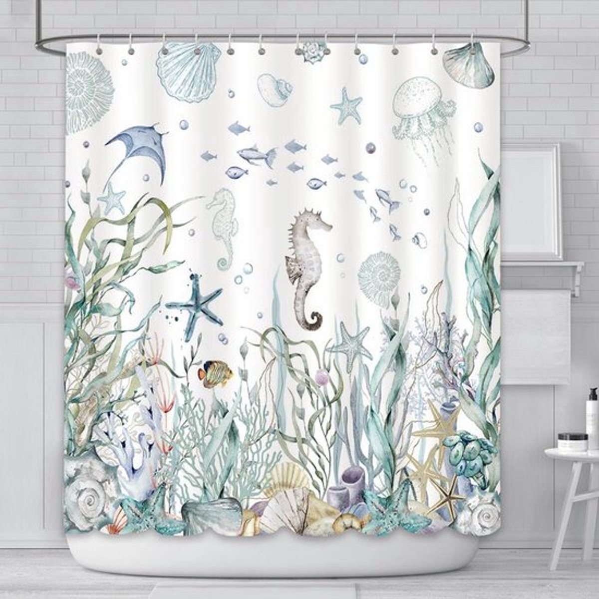 180x180cm Douchescheiding Onder De Zee Themapatroon - Sterrenzeester - Schelpen Decor Voor Badkamer - Waterdicht - Duurzaam Polyester Materiaal Met 12 Haakjes