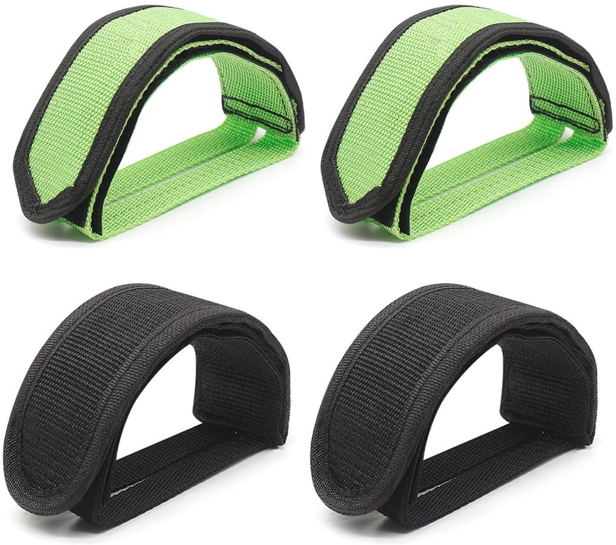 Set van 4 fiets pedalgurten (2 zwart & 2 groen), verstelbare nylon riemen
